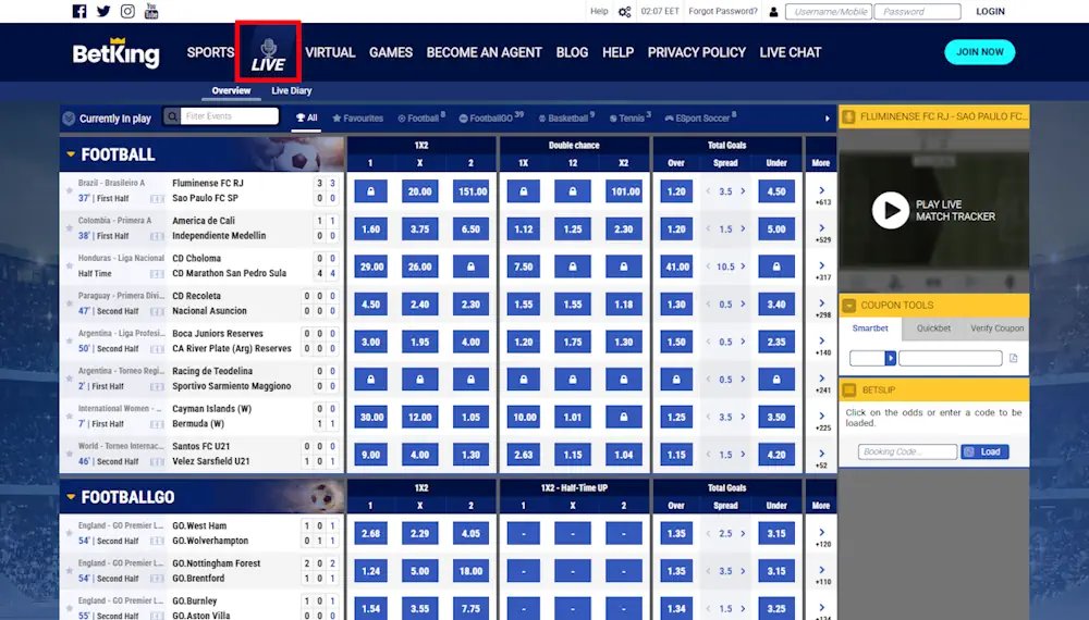 BetKing Live betting Screenshot